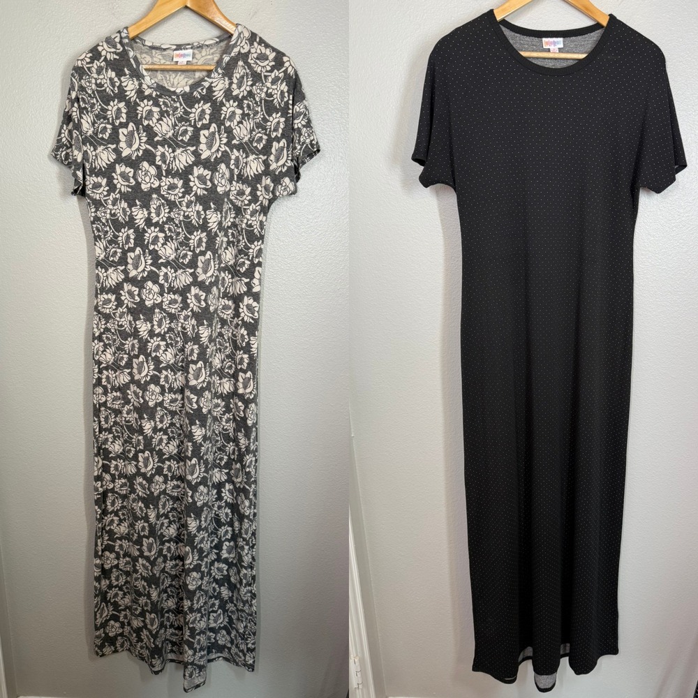 Lot of 2 LuLaRoe Maxi‎ Dress Size S Gray Floral Black Dot Casual T-Shirt Style